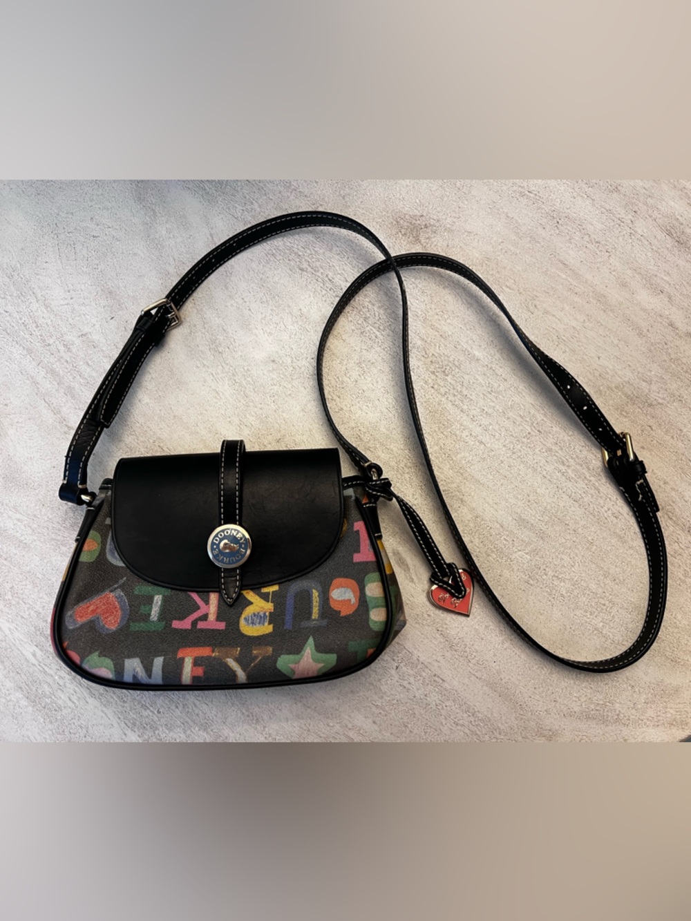 Vintage Dooney & Bourke Black Multicolor Logo Heart Charm Crossbody Bag